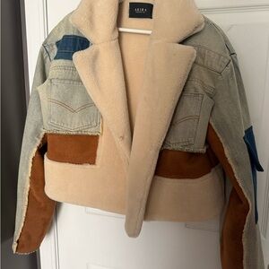 AKIRA Denim and Faux Shearling Jacket in Cream and Brown